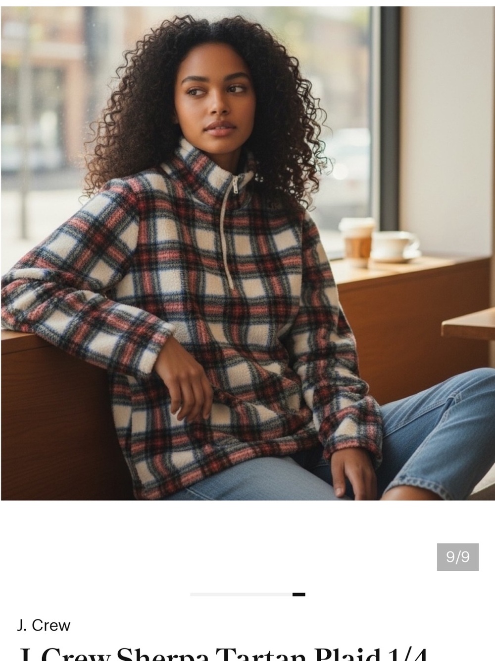 J. Crew Plaid Sherpa 1/4 Zip Pullover - Cream, Red & Navy
